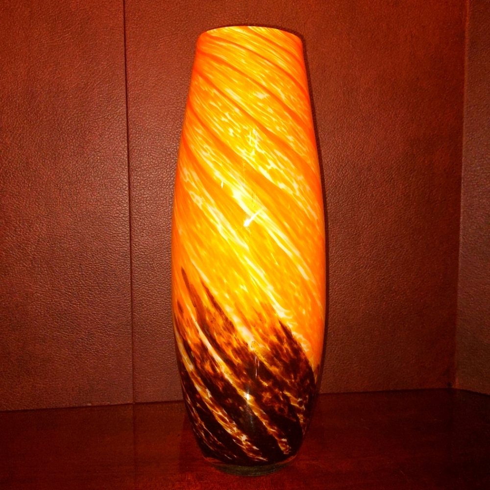 Vinatge Hand-blown Art Glass Orange  Brown Case White Inner Glass 13.50 in. Tall
